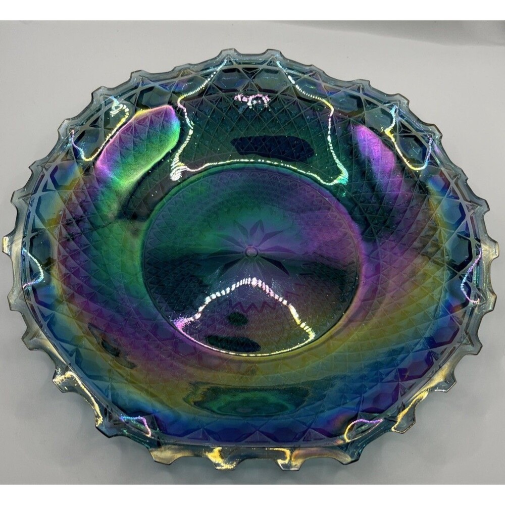 Vintage Indiana Glass Blue Iridescent Carnival Diamond Cut Ruffled Plate 10" - Picture 7 of 7